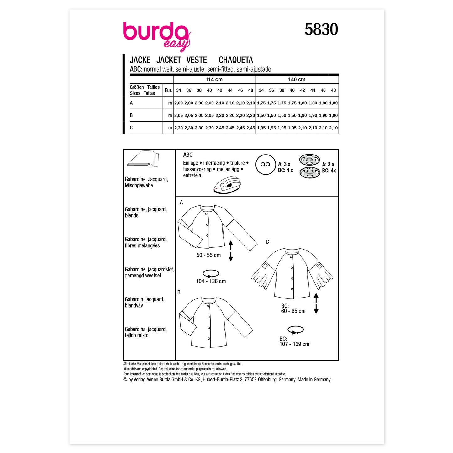 BURDA Sewing Pattern 5830 Misses' Jackets, 3 Variations