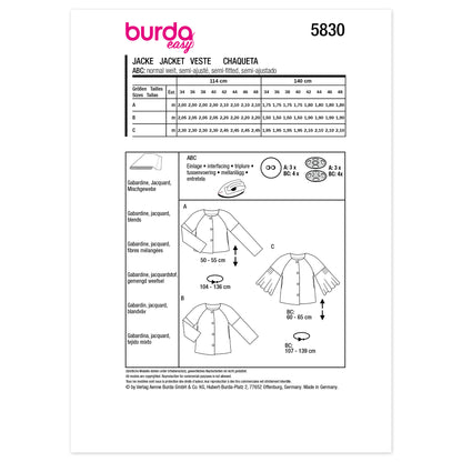 BURDA Sewing Pattern 5830 Misses' Jackets, 3 Variations