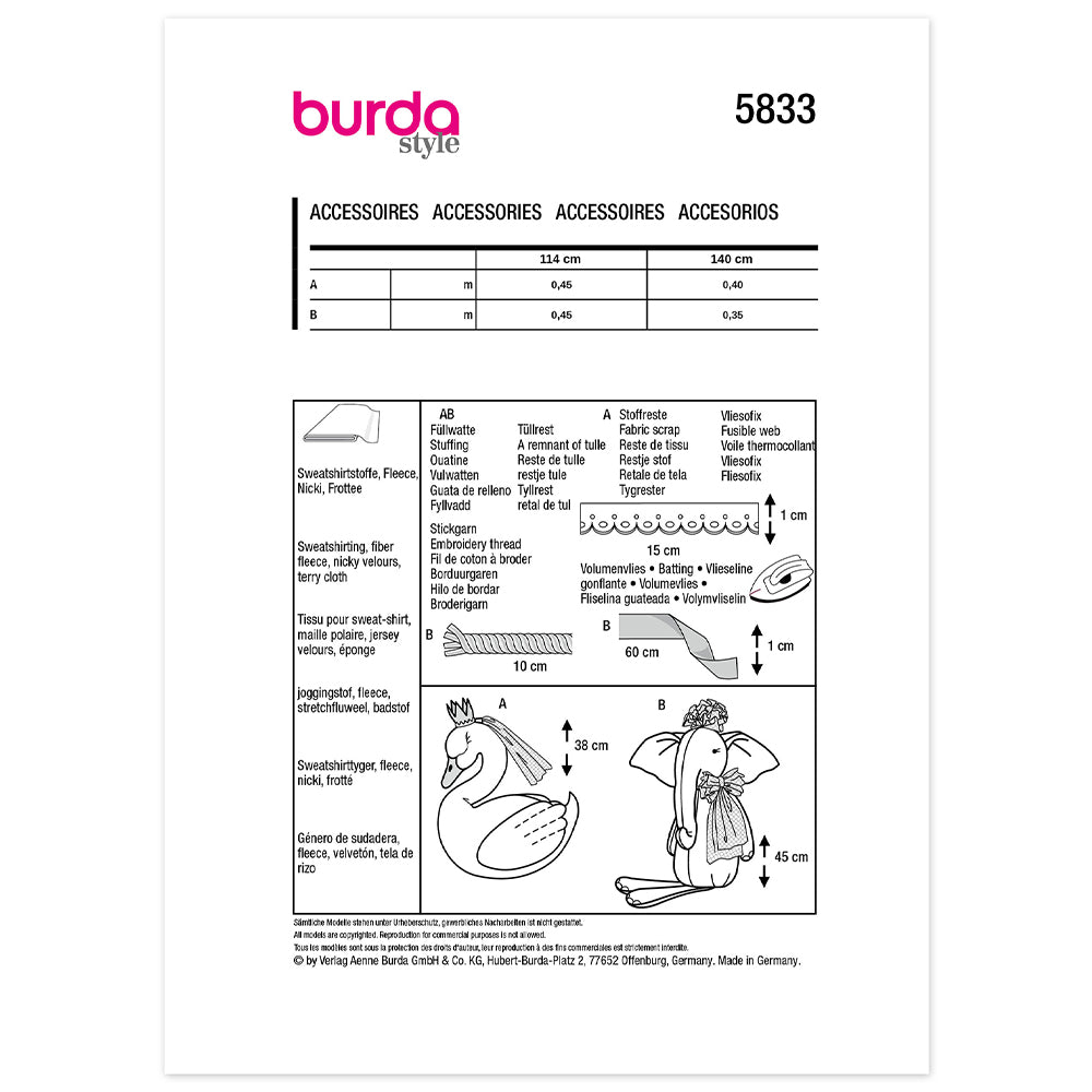 BURDA Sewing Pattern 5833 Stuffed Animals, Swan & Elephant