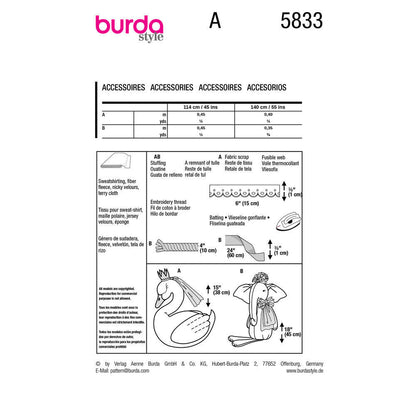 BURDA Sewing Pattern 5833 Stuffed Animals, Swan & Elephant