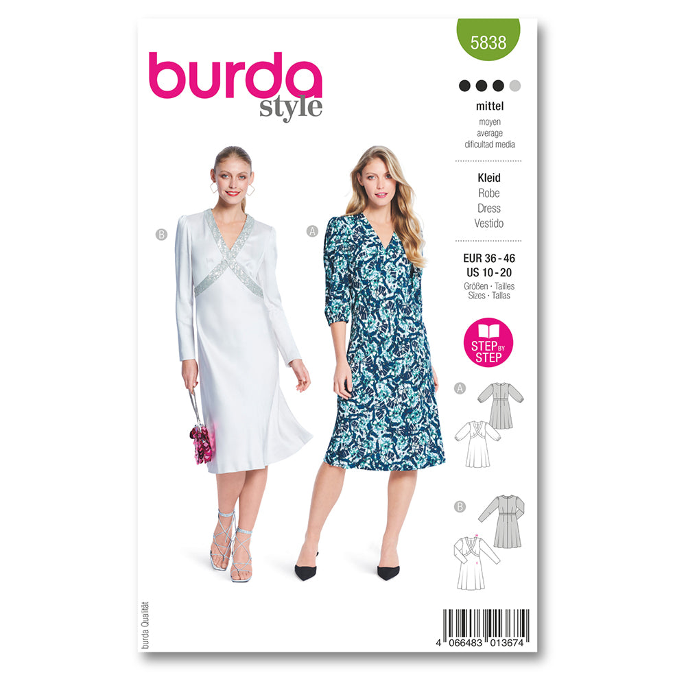 BURDA Sewing Pattern 5838 Dresses, 2 Sleeve Options