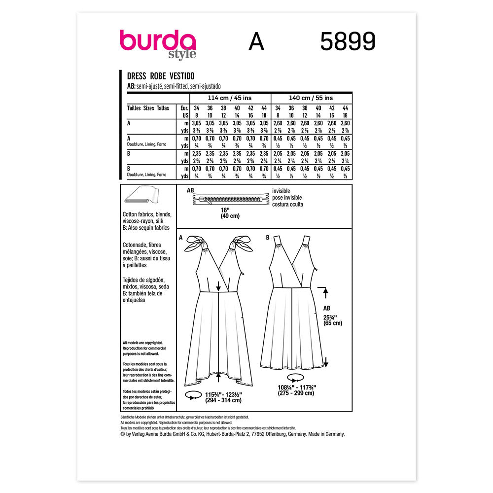 BURDA 5899 Mock Wrap V-Neck Sleeveless Dress With Full Skirt Sewing Pattern