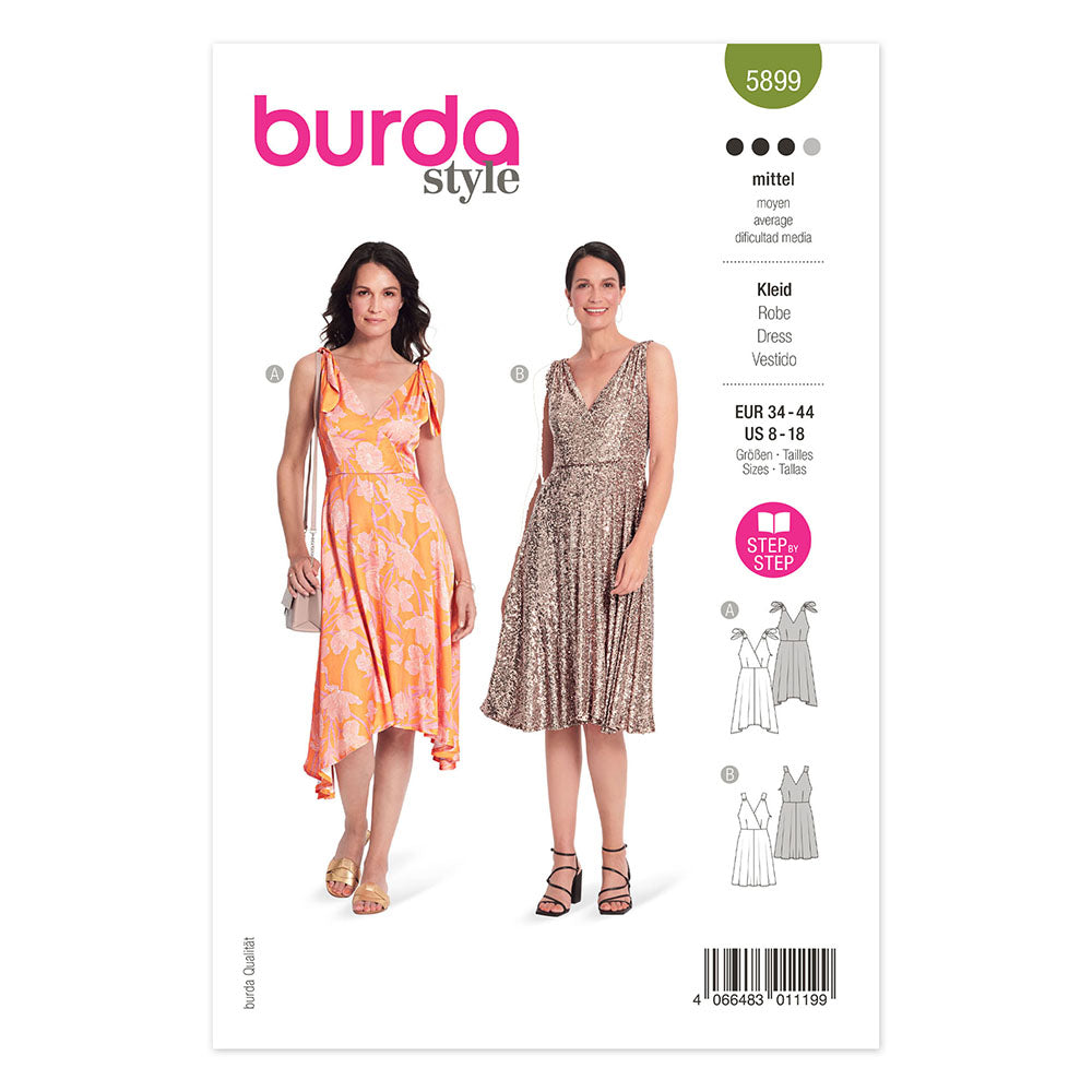BURDA 5899 Mock Wrap V-Neck Sleeveless Dress With Full Skirt Sewing Pattern