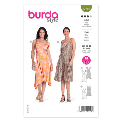 BURDA 5899 Mock Wrap V-Neck Sleeveless Dress With Full Skirt Sewing Pattern