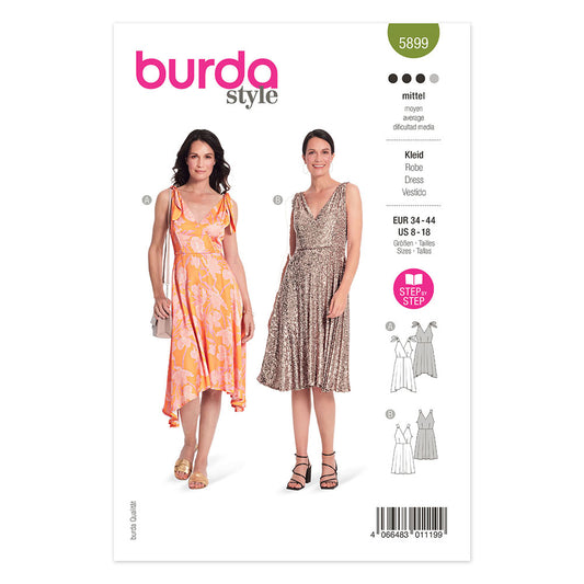 BURDA 5899 Mock Wrap V-Neck Sleeveless Dress With Full Skirt Sewing Pattern