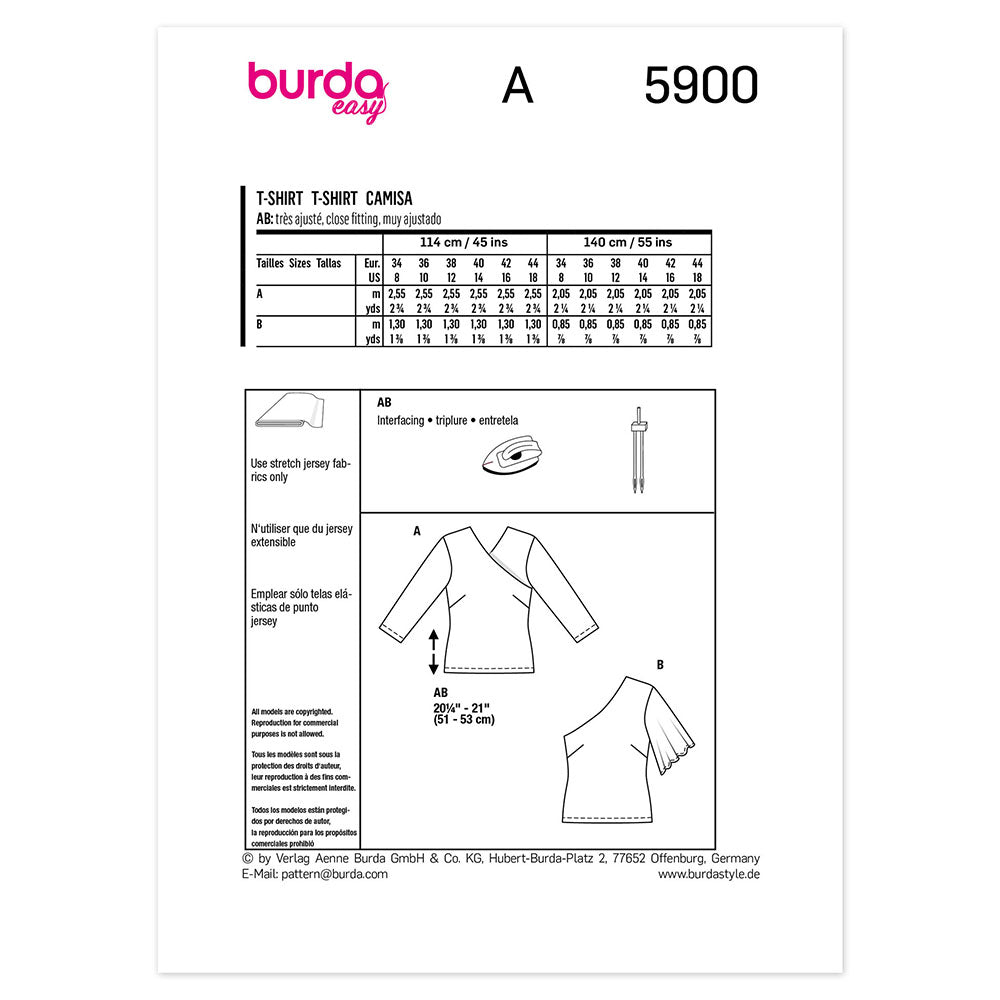 BURDA 5900 V-Neck Fitted Ladies T-Shirt Sewing Pattern