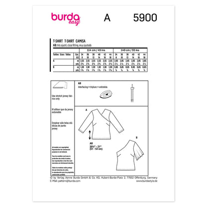 BURDA 5900 V-Neck Fitted Ladies T-Shirt Sewing Pattern