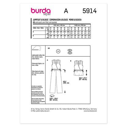 BURDA 5914 Mock Wrap Sleeveless Jumpsuit And Blouse With Elastic Waist Sewing Pattern