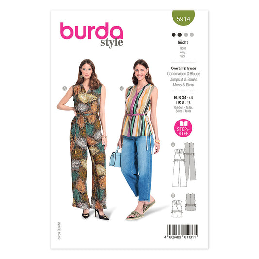 BURDA 5914 Mock Wrap Sleeveless Jumpsuit And Blouse With Elastic Waist Sewing Pattern