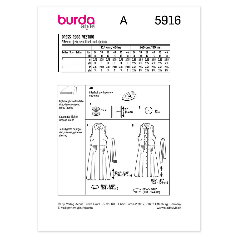 BURDA 5916 Sleeveless Dress With Full Skirt Sewing Pattern
