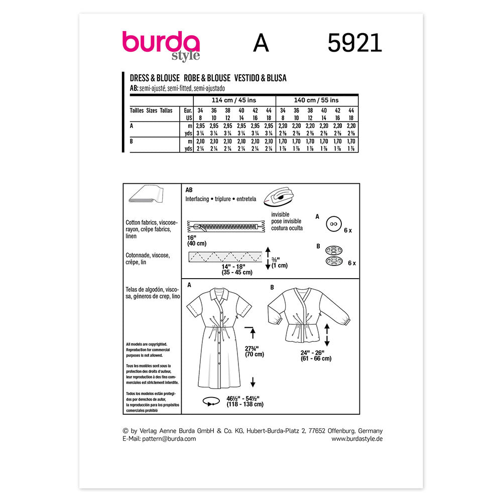 BURDA 5921 Semi-Fitted Shirt Dress And Shirt Sewing Pattern