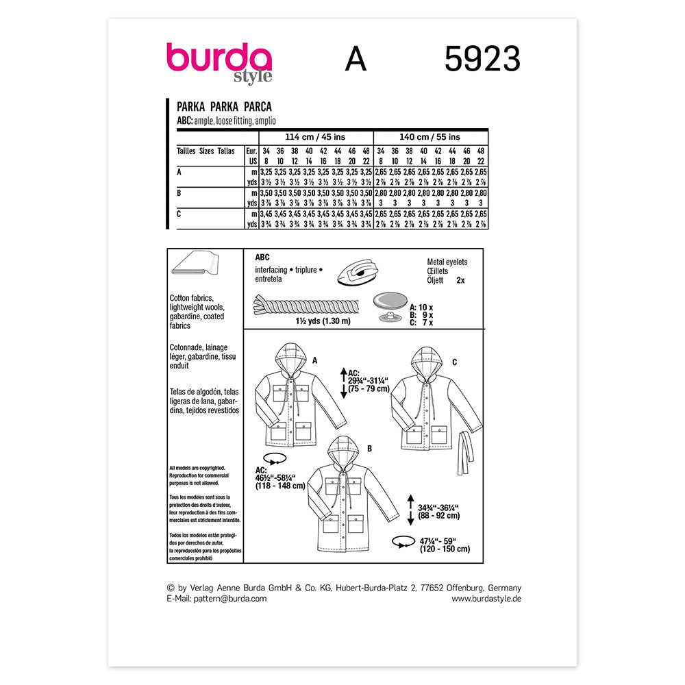 BURDA 5923 Hooded Jacket With Patch Pockets Sewing Pattern