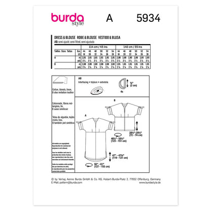 BURDA 5934 Loose Fitting Dress Sewing Pattern