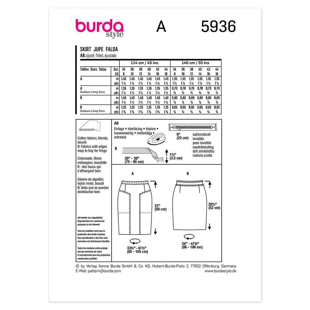 BURDA 5936 Straight Pencil Skirt Sewing Pattern