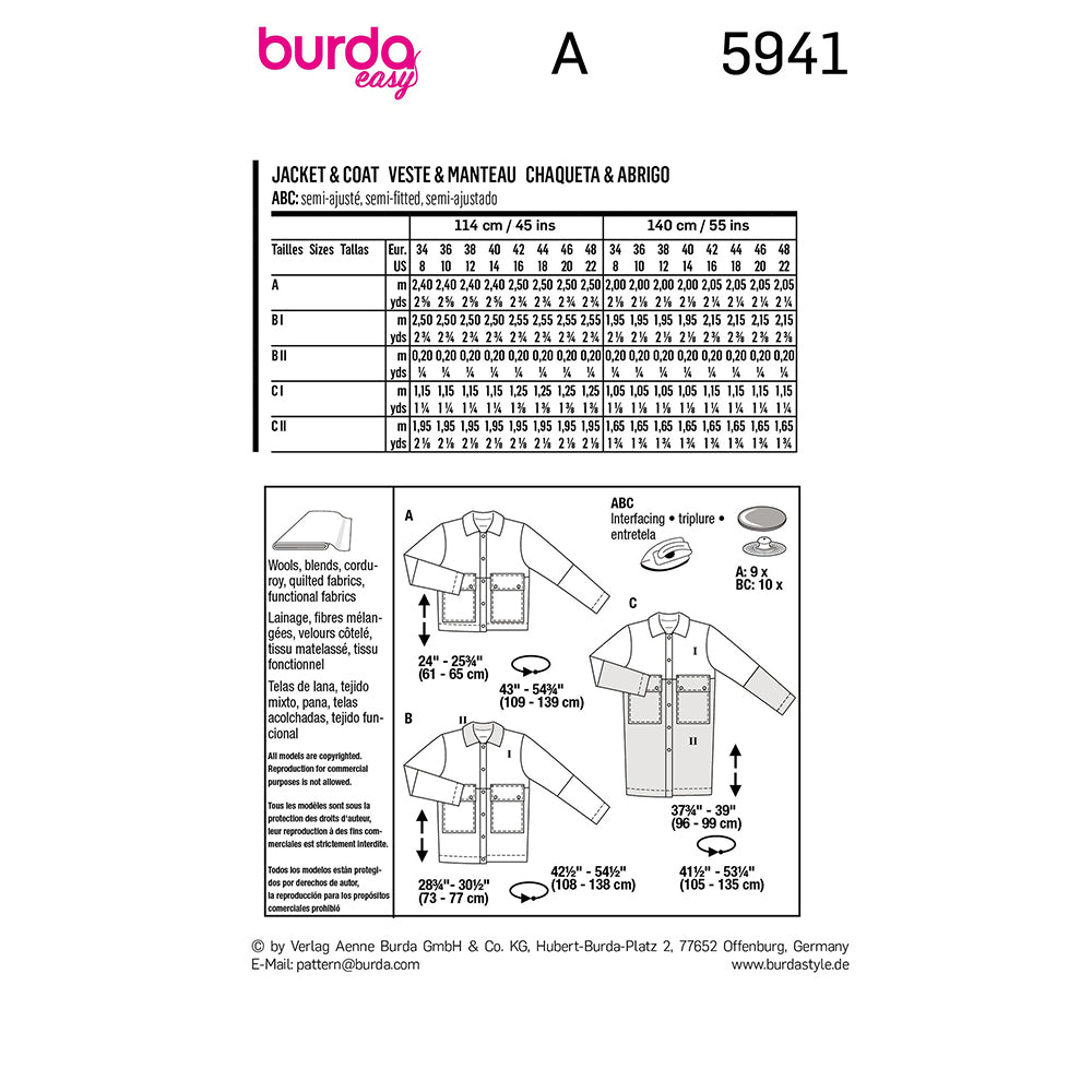 BURDA 5941 Jacket DOB Sewing Pattern