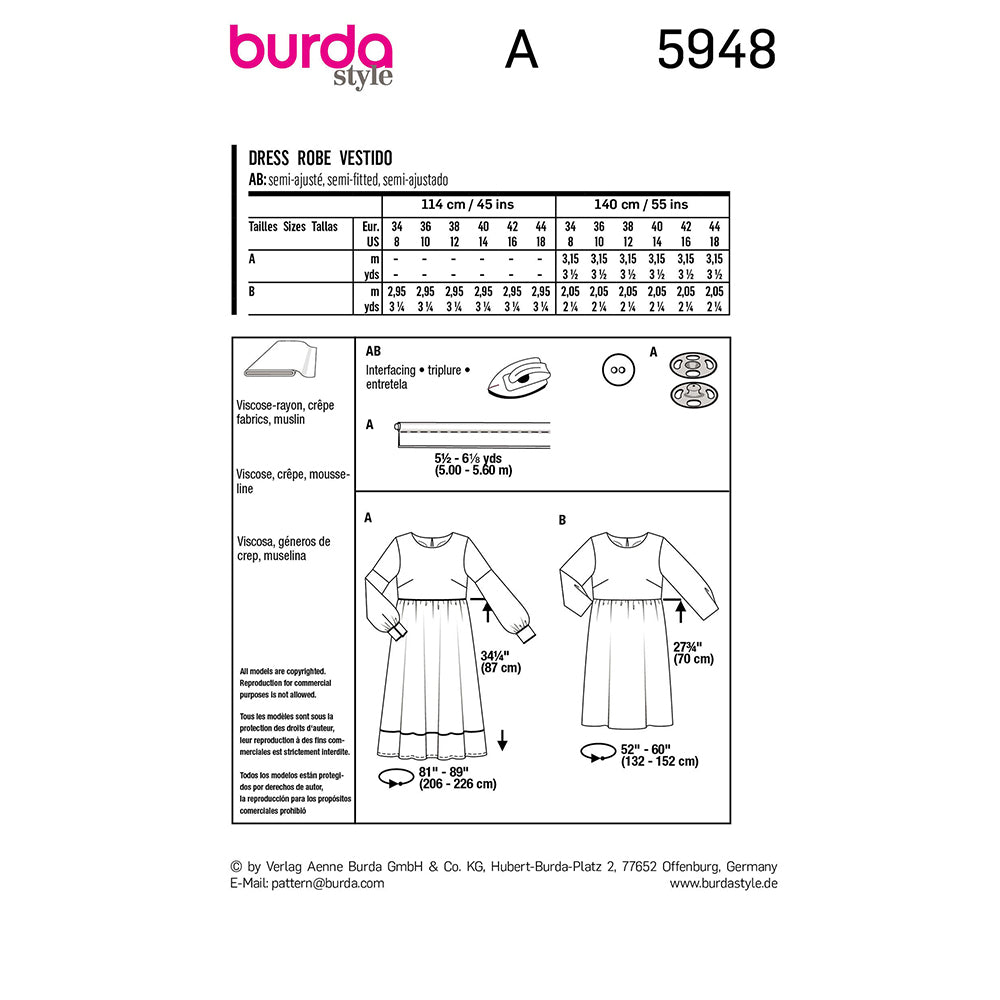 BURDA 5948 Dress DOB Sewing Pattern