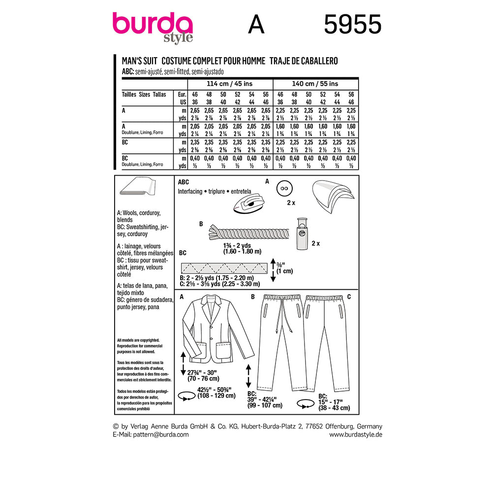 BURDA 5955 Suit Men, Unisex Sewing Pattern