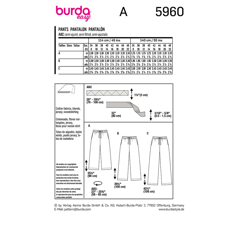 BURDA 5960 Trousers DOB Sewing Pattern