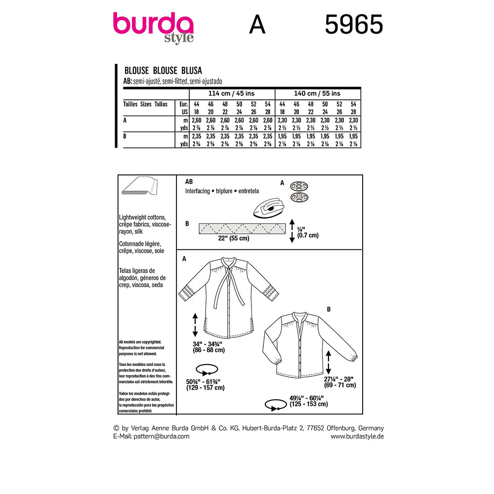 BURDA 5965 Plus Size Blouse Plus Sewing Pattern