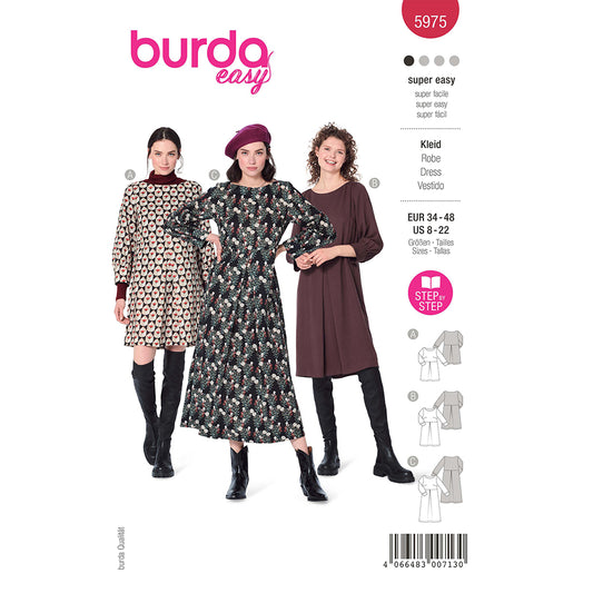 Burda - 5975 Dress with Scooped Neckline and Sleeve Bands