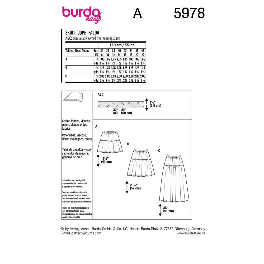 BURDA Sewing Pattern 5978 Tiered Skirt, Elastic Waist