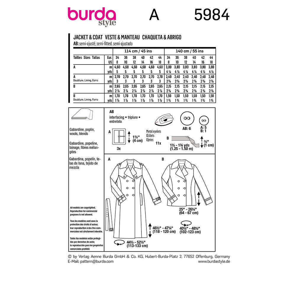 BURDA Sewing Pattern 5984 Coat / Caban Jacket, Trench Lapels
