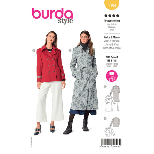 BURDA Sewing Pattern 5984 Coat / Caban Jacket, Trench Lapels