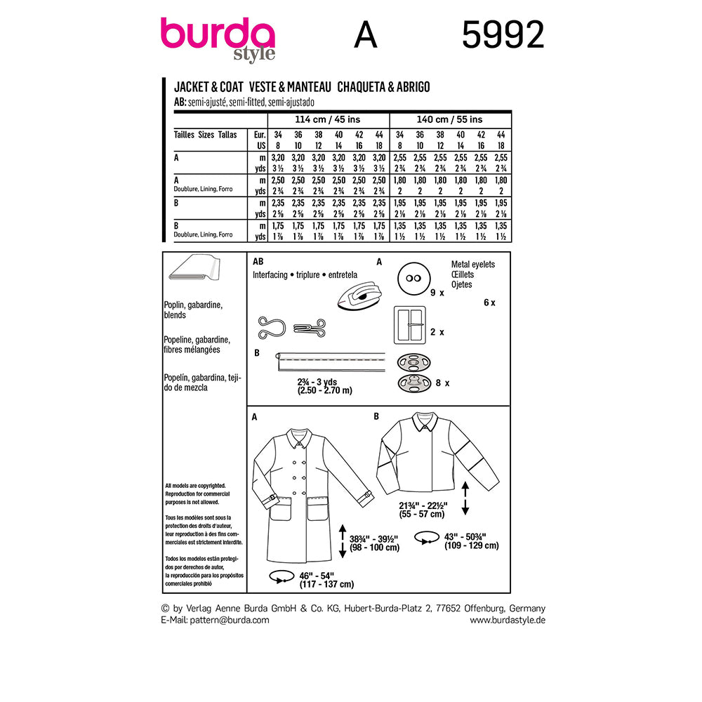 BURDA Sewing Pattern 5992 Coat / Short Jacket, Double-Breasted Look