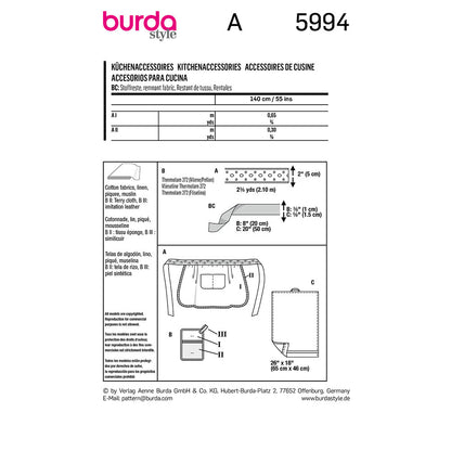 BURDA Sewing Pattern 5994 Kitchen Accessories, Apron