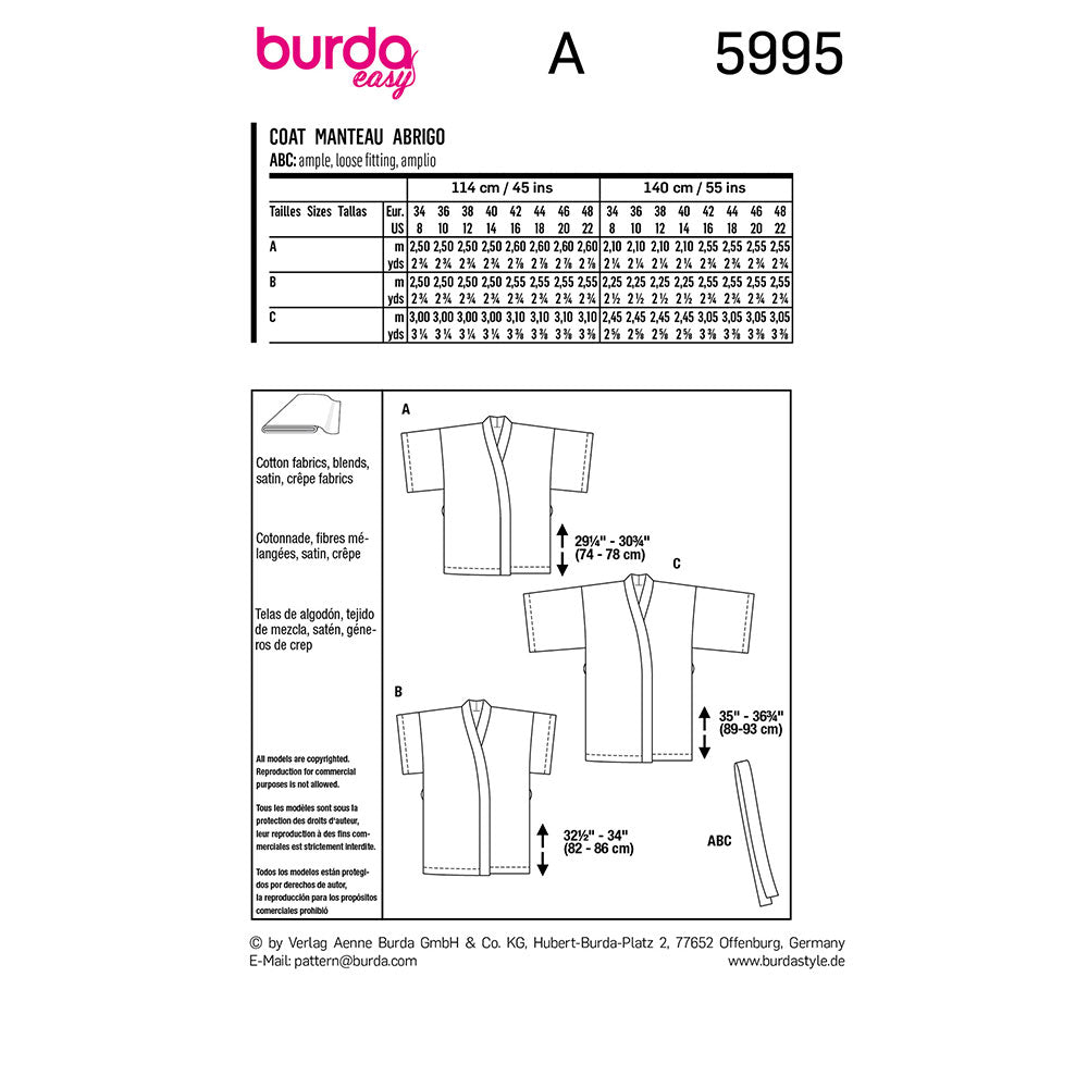 BURDA Sewing Pattern 5995 Kimono-Style Coat, Multiple Hem & Sleeve Lengths