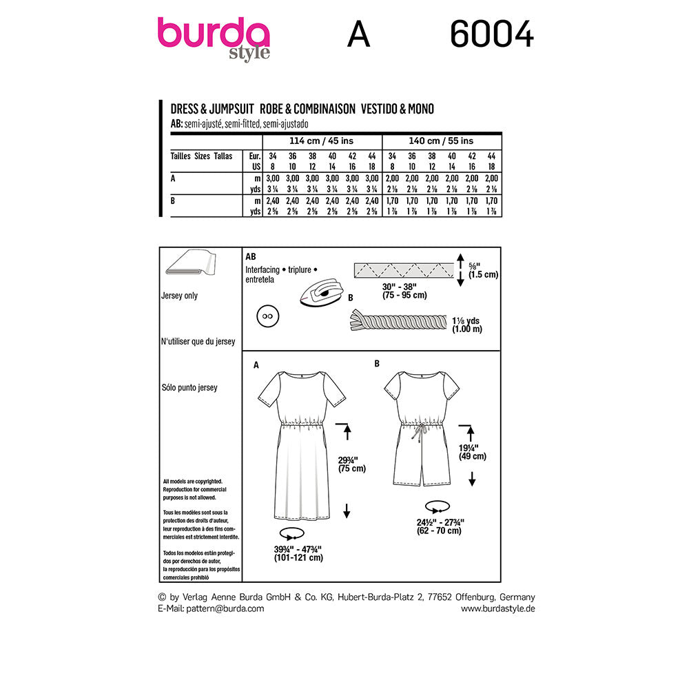 BURDA Sewing Pattern 6004 Dress / Jumpsuit, Elastic Waist