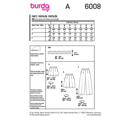 BURDA Sewing Pattern 6008 Trousers / Pants, Elastic Waist