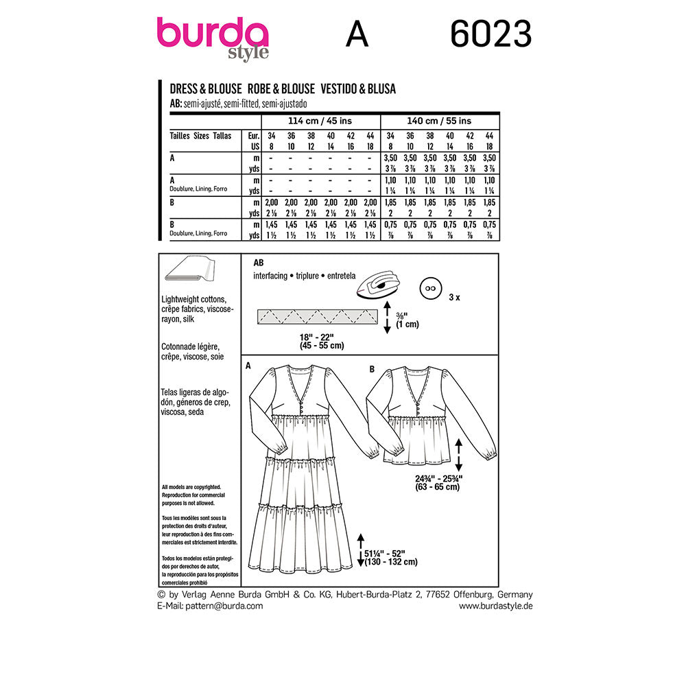 BURDA Sewing Pattern 6023 Dress / Blouse, Tiered