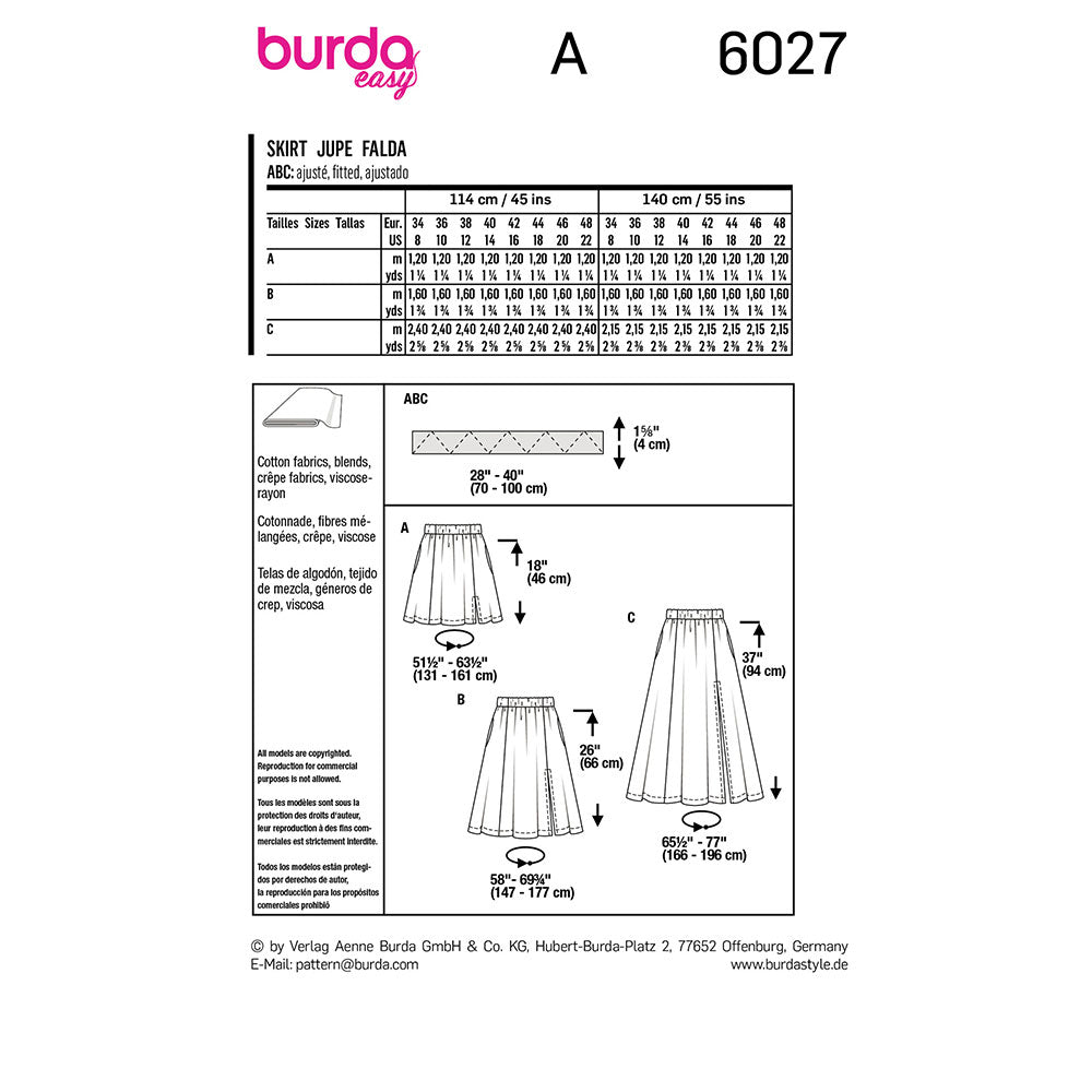 BURDA Sewing Pattern 6027 Panel Skirt, Elastic Waist