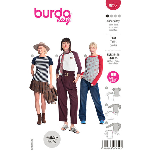 BURDA Sewing Pattern 6028 Raglan Top, Shallow Neckline