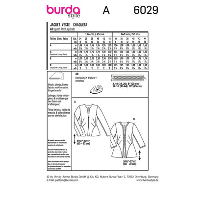 BURDA Sewing Pattern 6029 Jacket, Unusual Cut