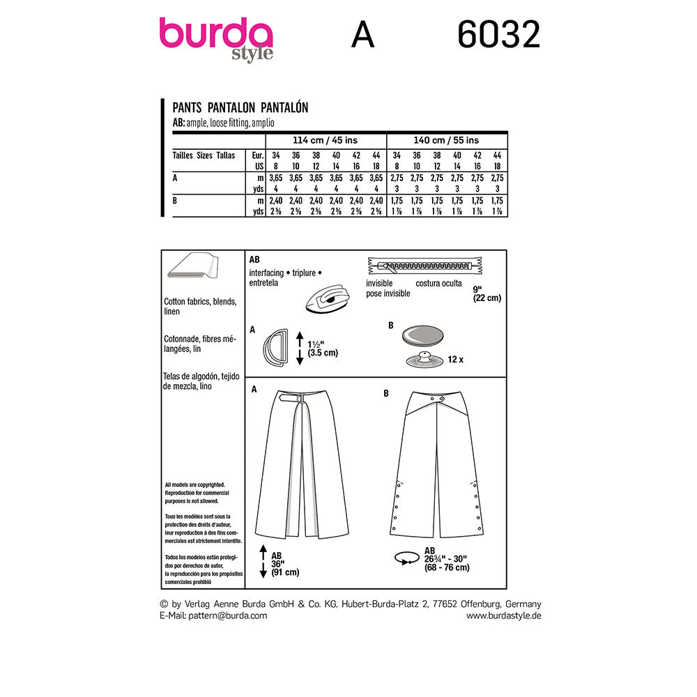 BURDA Sewing Pattern 6032 Culottes, Back Zipper