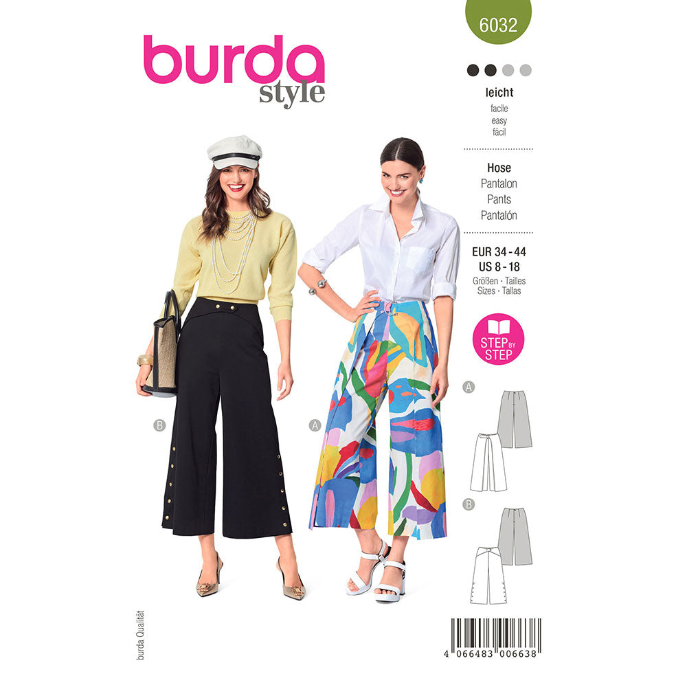 BURDA Sewing Pattern 6032 Culottes, Back Zipper