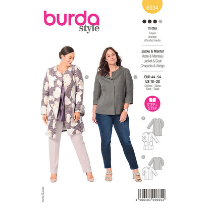 BURDA Sewing Pattern 6034 Coat / Jacket, Collarless