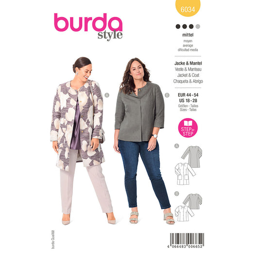 BURDA Sewing Pattern 6034 Coat / Jacket, Collarless