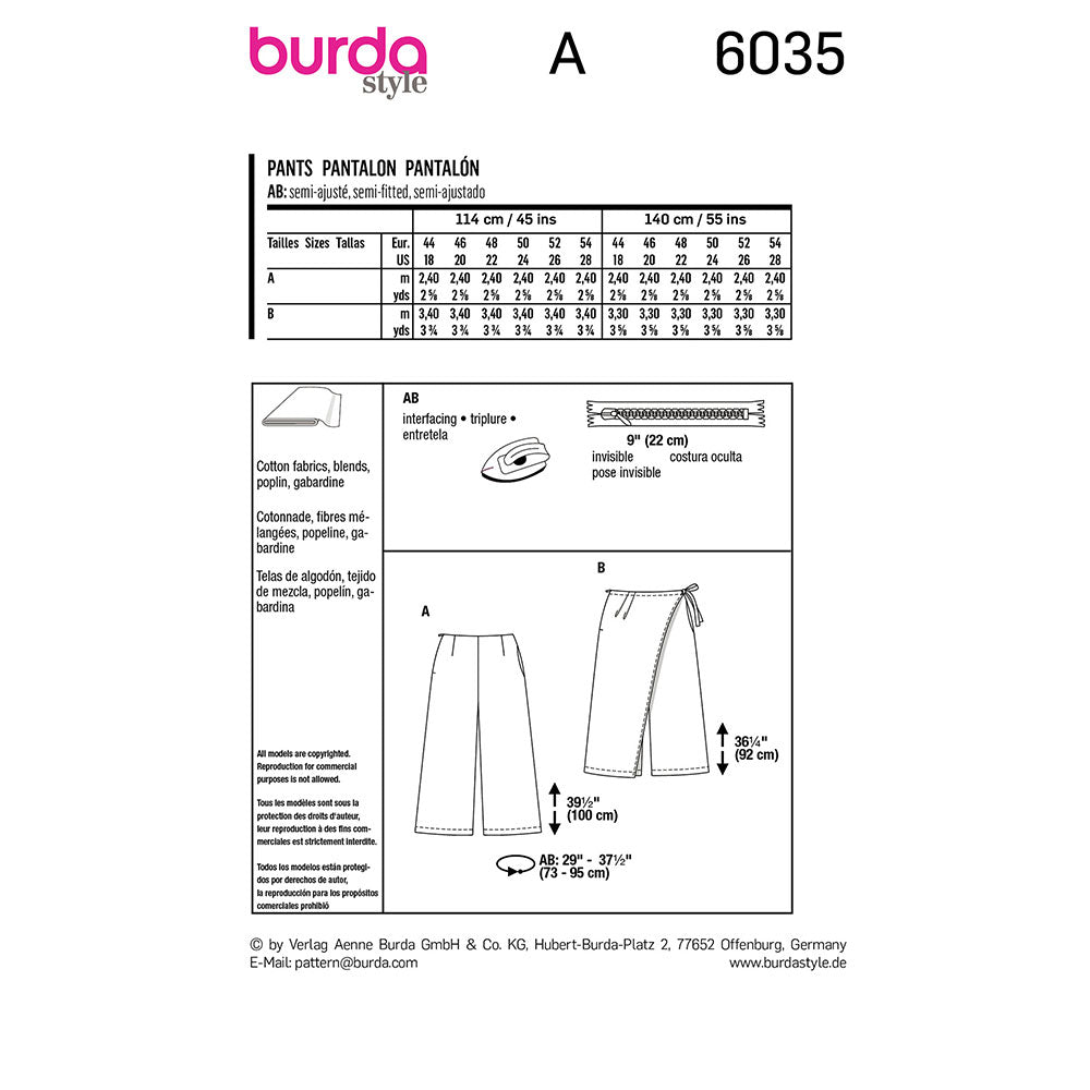 BURDA Sewing Pattern 6035 Gaucho Pants / Culottes, Lightweight