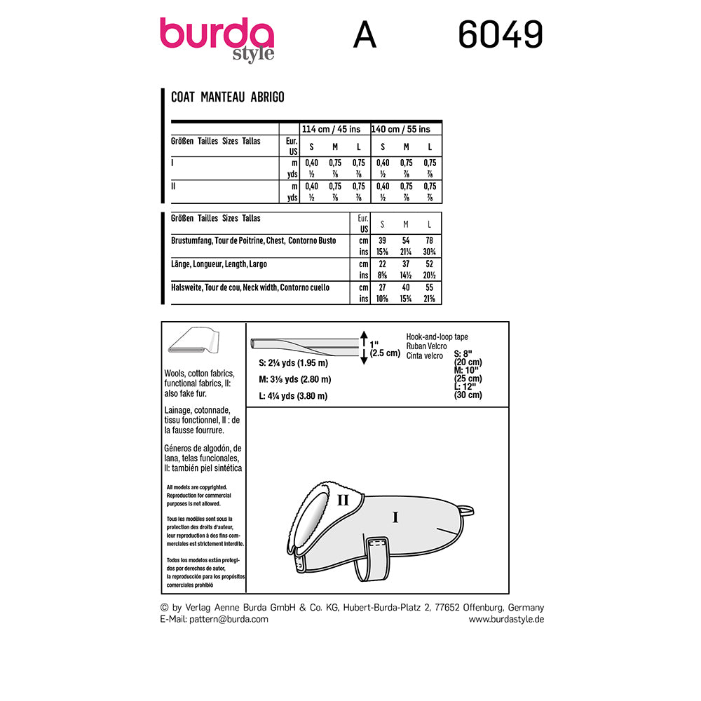 BURDA Dog Coat Sewing Pattern 6049