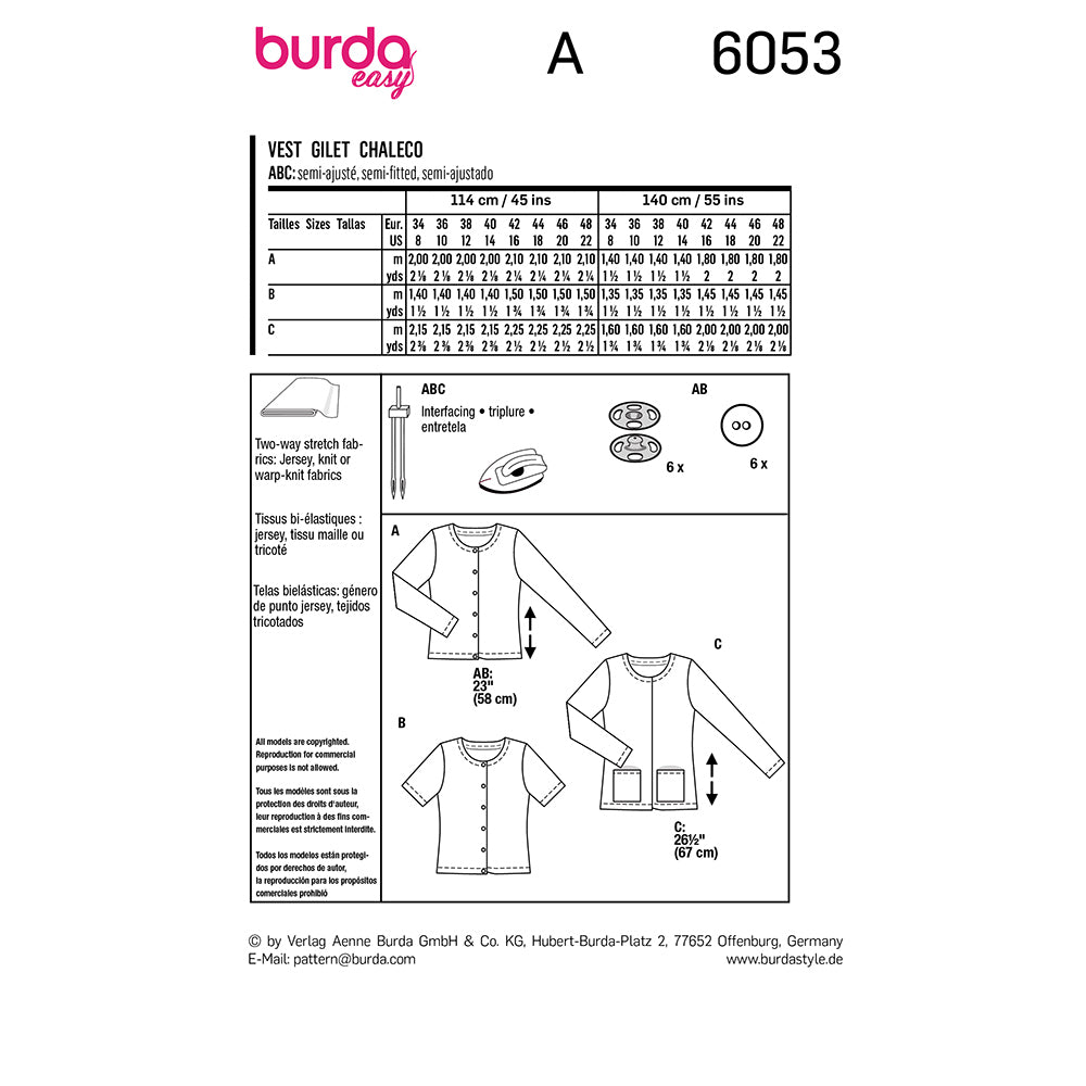 BURDA Cardigan With Rounded Neckline Sewing Pattern 6053
