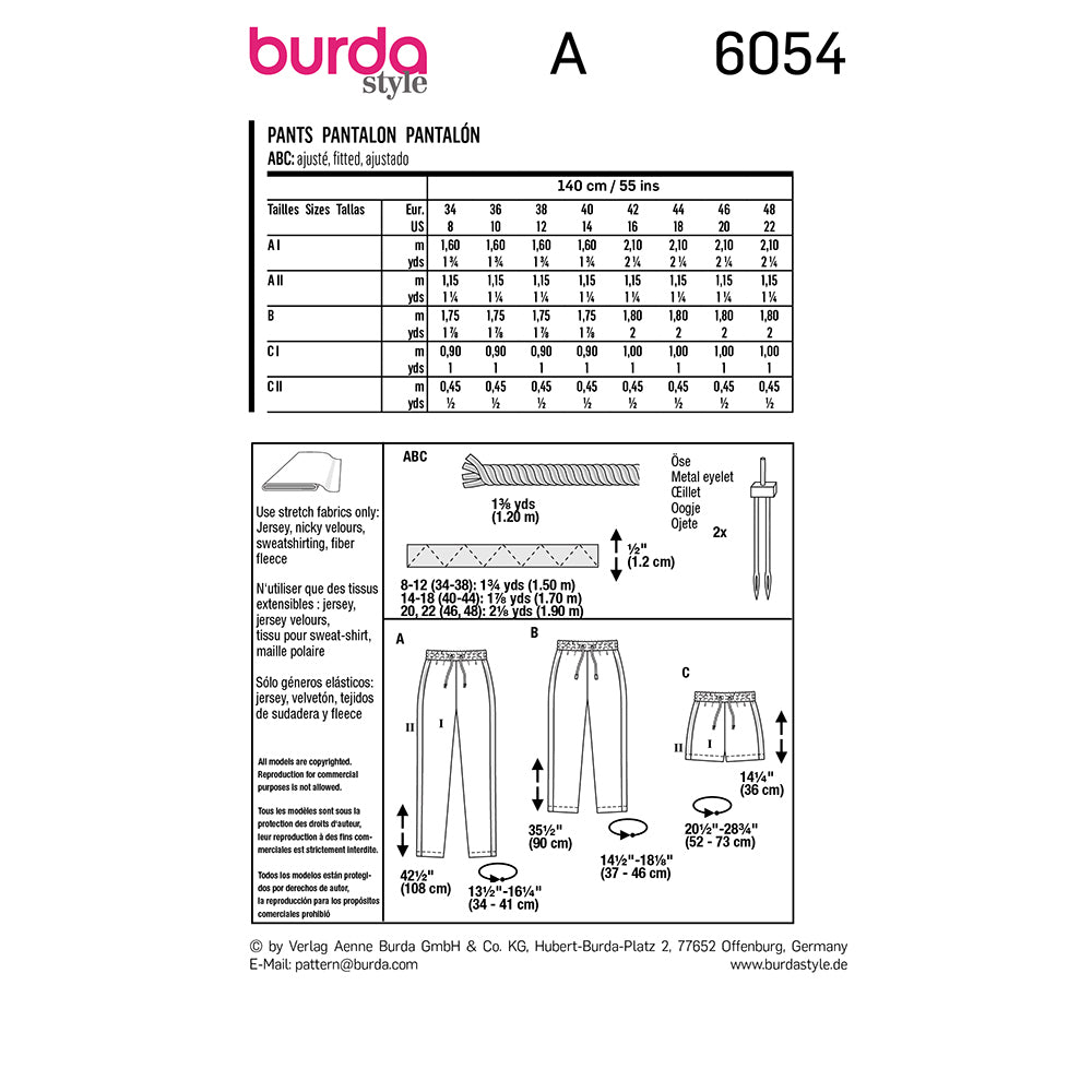 BURDA Jogging Pants In Three Lengths With Side Stripes Sewing Pattern 6054