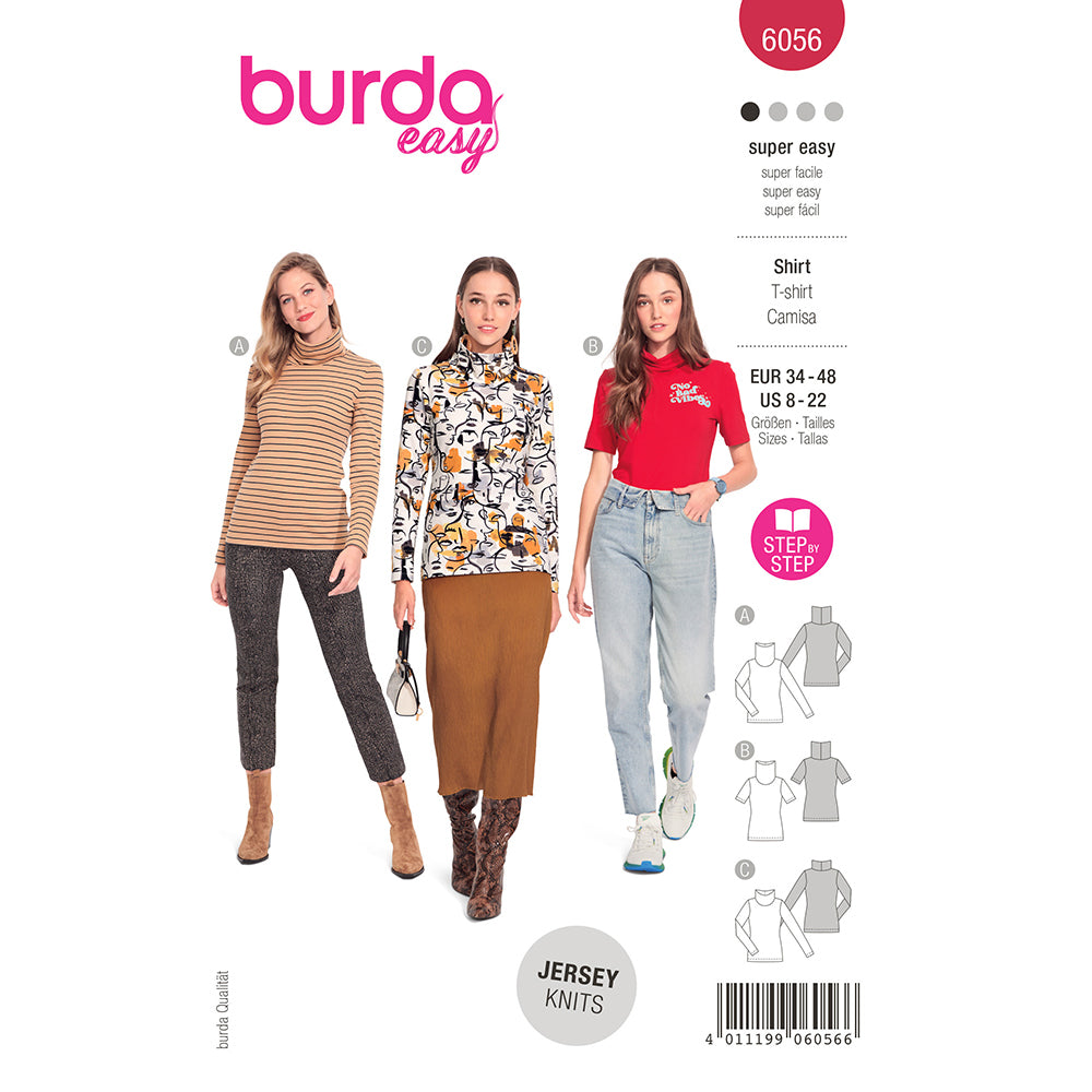 BURDA Turtleneck Top With Half Or Full Length Sleeves Sewing Pattern 6056