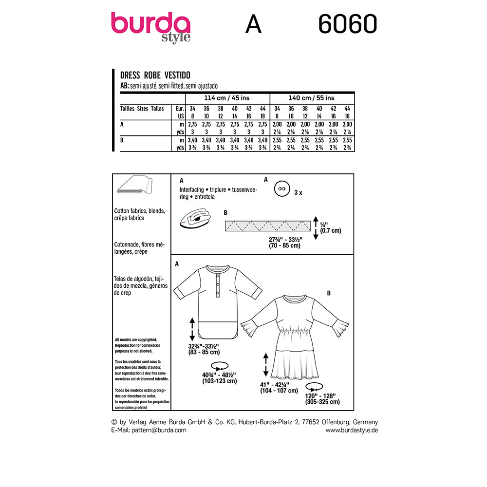 BURDA Tunic Top With Bands / Dress With Flounces And Elastic Waist Sewing Pattern 6060
