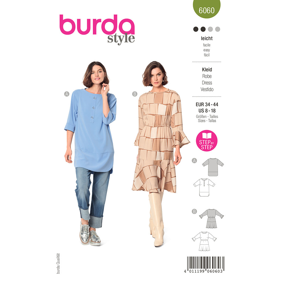 BURDA Tunic Top With Bands / Dress With Flounces And Elastic Waist Sewing Pattern 6060