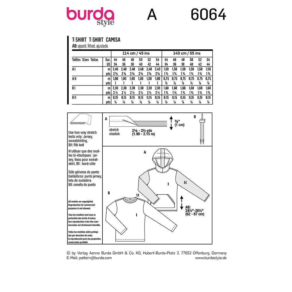 BURDA Classic Sweatshirt With Hood Or Neckband Sewing Pattern 6064
