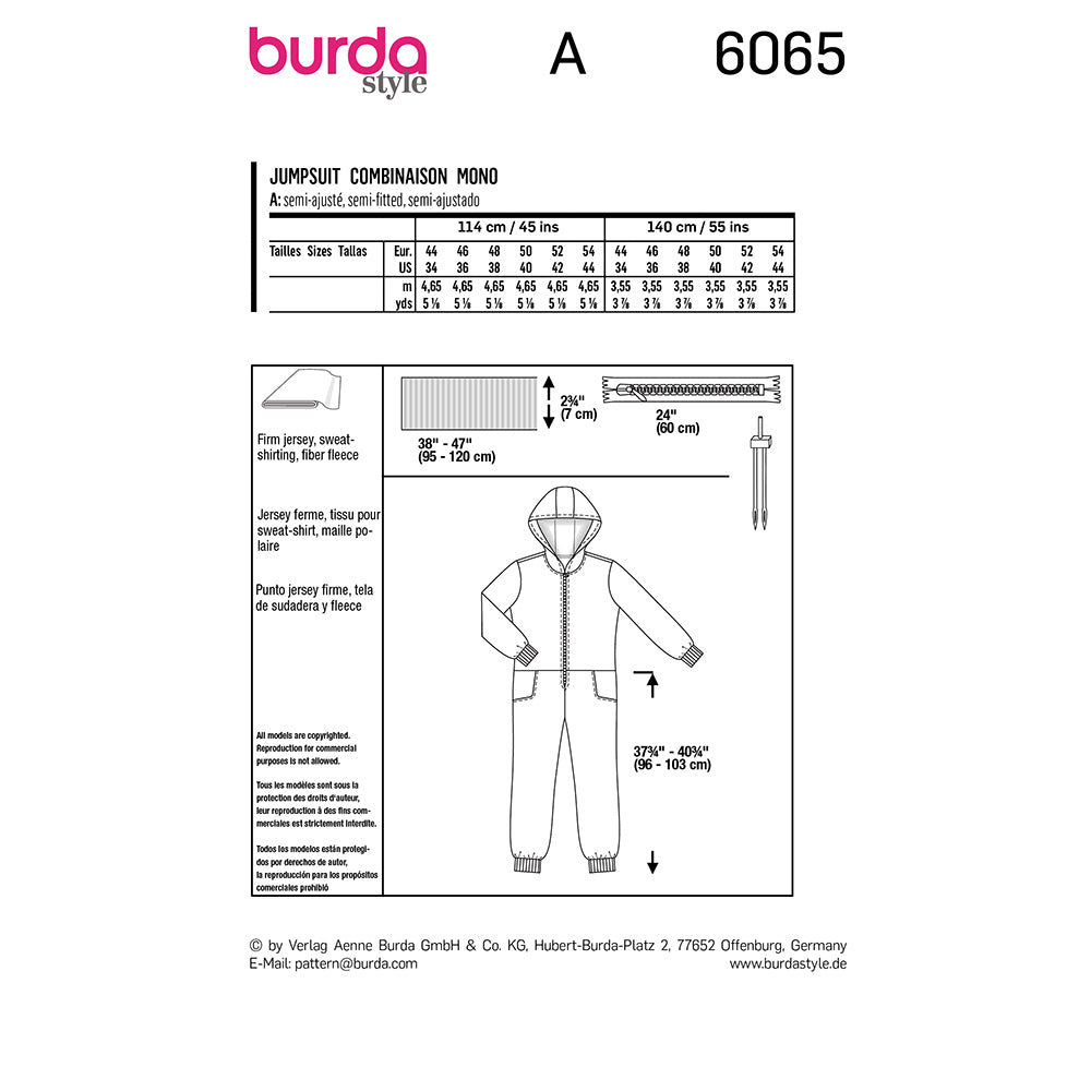 BURDA Overalls For Men With Hood Sewing Pattern 6065