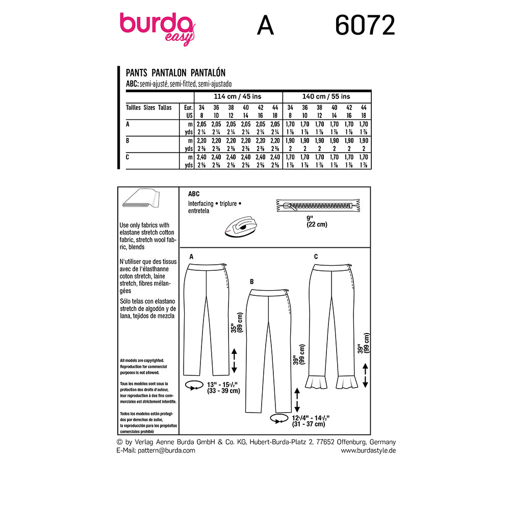 BURDA Trousers/Pants In A Narrow Cut With A Side Zipper Sewing Pattern 6072